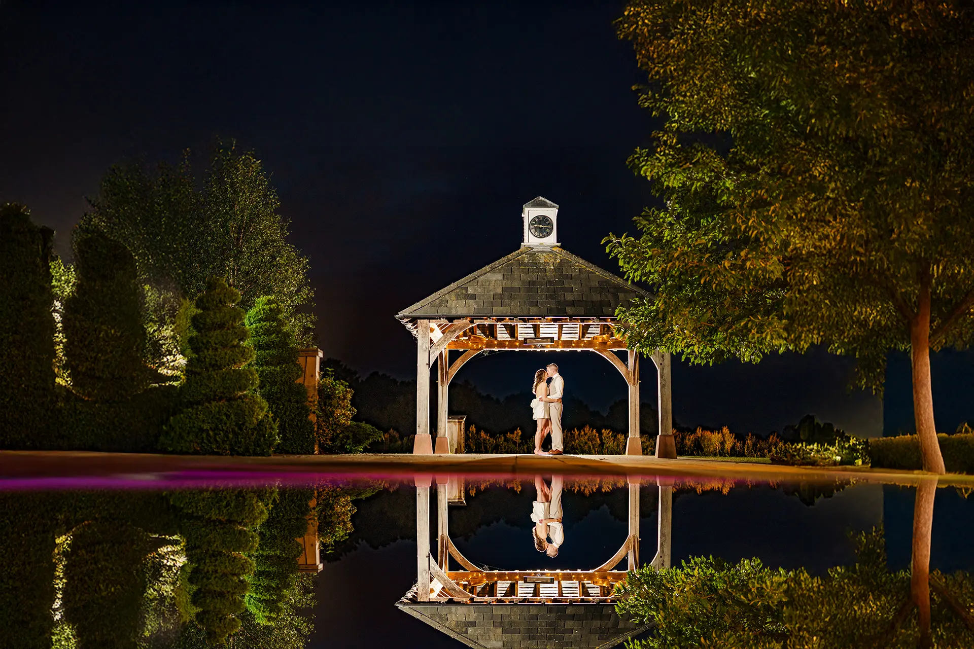 sandhole oak barn clock tower at night